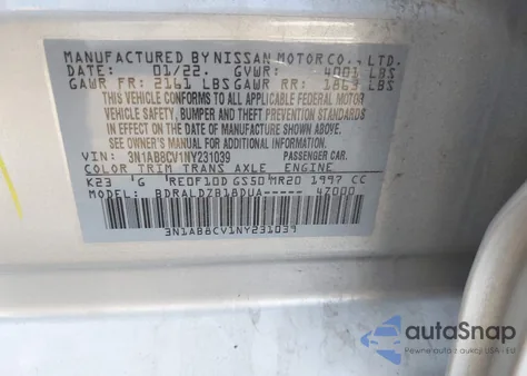 2022 Nissan Sentra Sv Xtronic Cvt из США, поврежденный, VIN 3N1AB8CV1NY231039